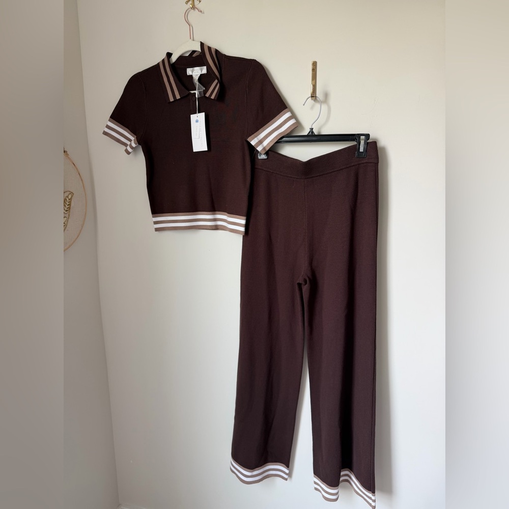 Caroline Constas Brown Knit Polo Top & Wide Leg Pants two piece Set